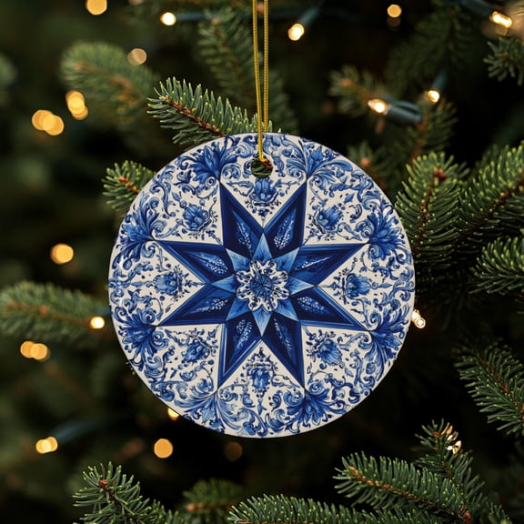 Star Ornament Blue Star Pattern Ceramic Christmas Ornament Holiday Tree Decor Xmas Tree Ornament Home Decor Stocking Stuffer Gift 2D FLAT Ceramic Ornament