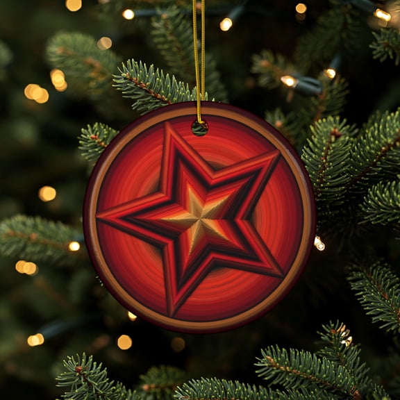 Star Ornament Red And Gold Star Christmas Tree Ornament Holiday Decor Ceramic Ornament Round Ornament Holiday Gift 2D FLAT Ceramic Ornament