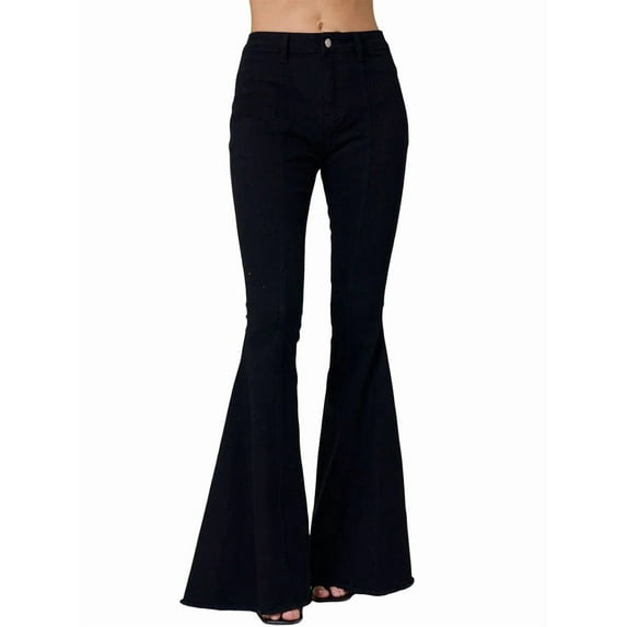 Star Patchwork Bell Bottom Jeans for Women Mid Waist Bootcut Flare Jeans Stretch Straight Leg Skinny Denim Pants Black S