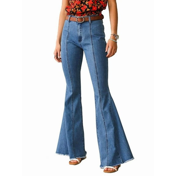 Star Patchwork Bell Bottom Jeans for Women Mid Waist Bootcut Flare Jeans Stretch Straight Leg Skinny Denim Pants Blue XL