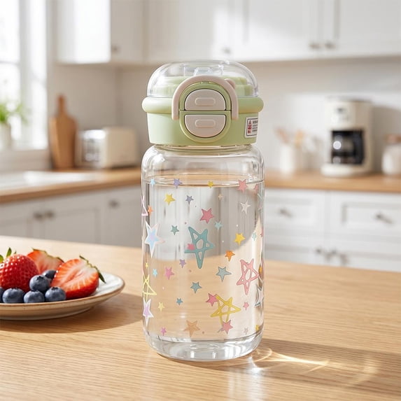 Star Pattern Plastic Water Bottle, Clear Reusable Drink Container with Flip-Top Lid and Straw, Leak-Proof for School Office Travel