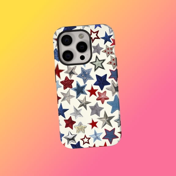 Star Pattern Tough Phone Case for iPhone, Dual-Layer Protective Cover, Red White Blue Stars, Raised Camera Edges