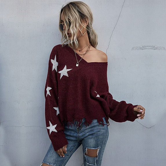 Star Pattern V Neck Long Sleeve Frayed Hem Sweater for Women