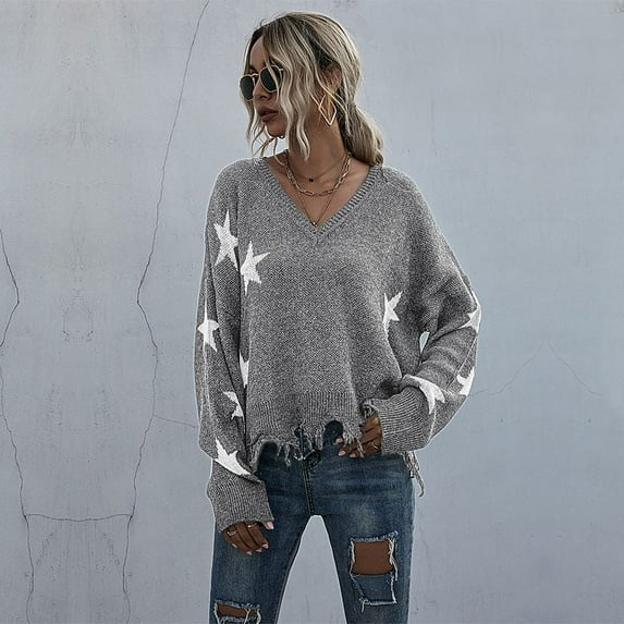 Star Pattern V Neck Long Sleeve Frayed Hem Sweater for Women