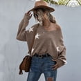 thumbnail image 1 of Star Pattern V Neck Long Sleeve Frayed Hem Sweater for Women, 1 of 3
