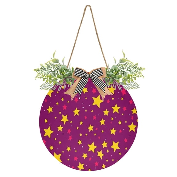 Star Pattern on Purple Front Door Porch Decoration Hanging Sign with Artificial Green Plants and Bow for Home Outdoor Indoor