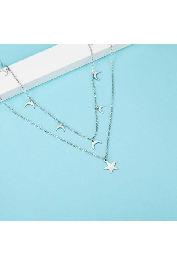 Star and Pendant Double Layer Women's Necklace Stainless Steel Material Stainless steel natural color able and simple design suitable for daily wea Silver