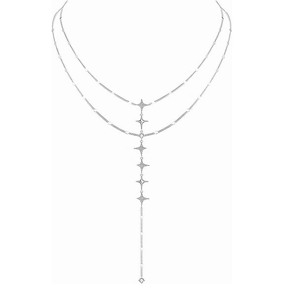 Star Pendant Lariat Necklace For Women, Dual Layer Chain With Alloy & Zircon, Adaptable Length For Special Occasions[t230]