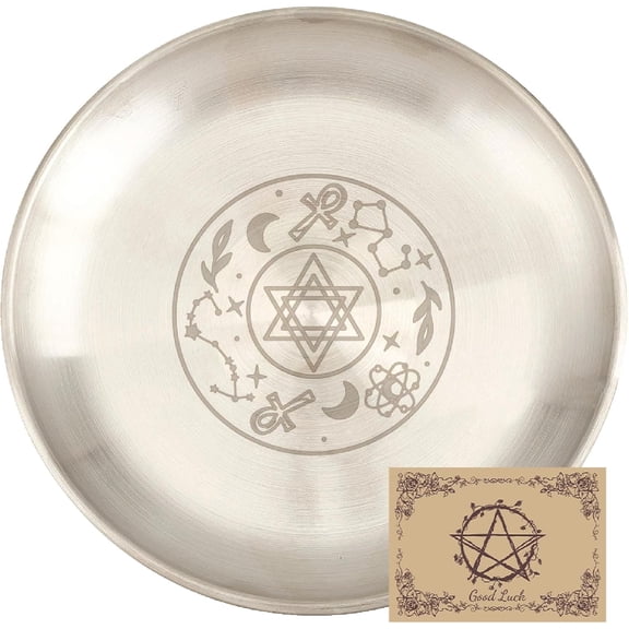Star Pentagram Ritual Plate Flat Bowl Round Silvery Tray Offering Bowl Dish Holder with Divination Card Jewelry Dish for Smudging Gold