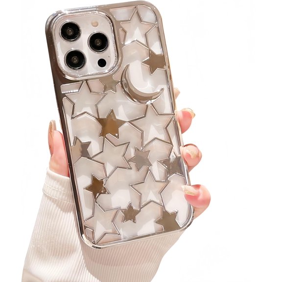 Star Phone Case for iPhone14 Case Luxury Star Moon Hollow Out Design Electroplating Soft TPU Shockproof and Drop-Proof Suitable for Women Fashion Case - Silver