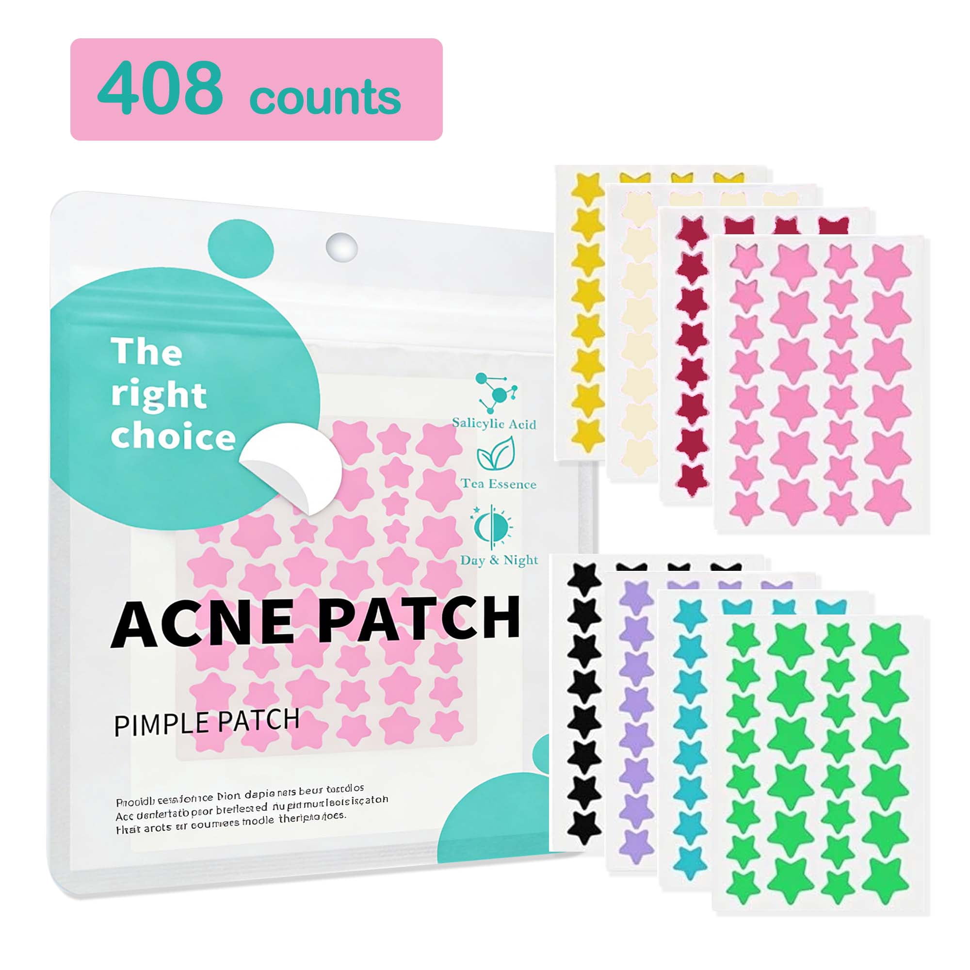Star Pimple Patches for Face, Hydrocolloid Acne Patches, Cute Star Zit Covers, Colorful Spot Stickers Face Stickers 408 Count 8 Color | 4 Sizes (8mm/9mm/11mm/14