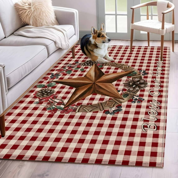 Star Plaid Area Rug 4x6 Washable Rug Non Slip Vintage American Country Berry Red Brown Large Area Rug Indoor Floor Carpet for Entryway Bedroom Kitchen Living Room Home Office Dining Room Nursery