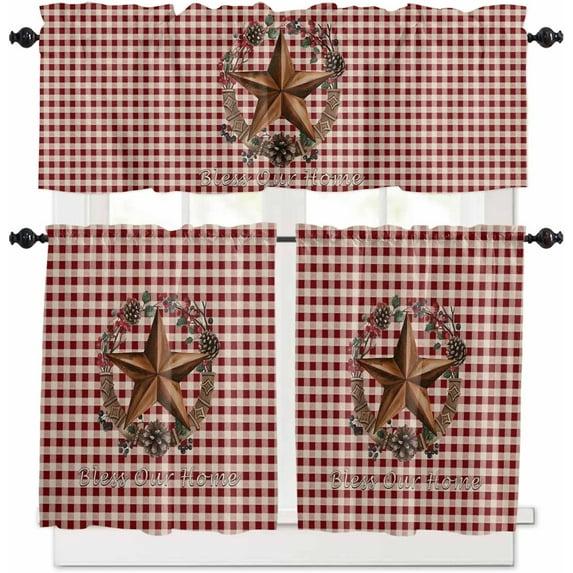 Star Plaid Kitchen Curtains, Vintage American Country Berry Red Brown 3-Piece Kitchen Curtain Valance and Tiers Set 24 Inch Length, Rod Pocket Half Window Curtains for Cafe Living Room Bathroom