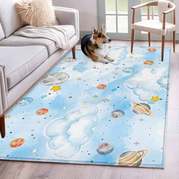 Star Planets Area Rugs 3x5 ft Moon Earth Universe Cloud Dreamy Sky Cartoon Washable Rug Non Slip Indoor Carpet Absorbent Floor Mat for Living Room Bedroom Dining Room