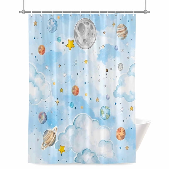 Star Planets Shower Curtain, 36" x 72", Moon Earth Universe Cloud Dreamy Sky Cartoon Waterproof Bathroom Curtain Washable Shower Curtain Set with 12 Hooks