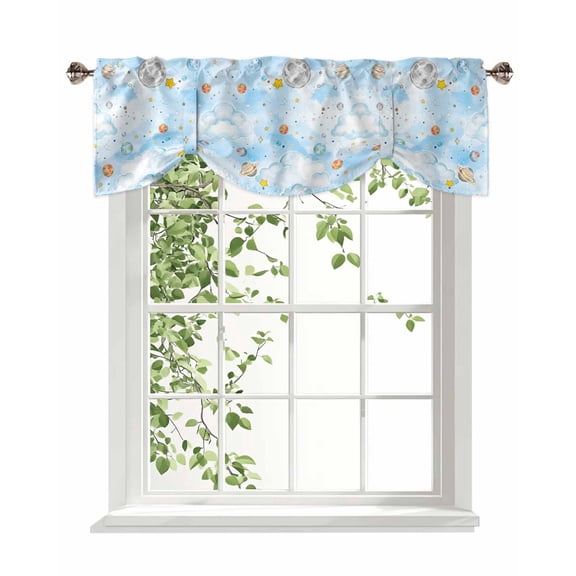 Star Planets Tie Up Valances Curtain, Moon Earth Universe Cloud Dreamy Sky Cartoon Adjustable Rod Pocket Window Treatment Short Tie Up Curtains Valances for Kitchen Living Room Bathroom 42x12 Inches