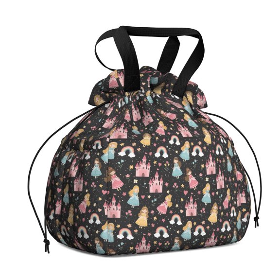 Star Princess Castle Pattern Drawstring Lunch Bag Women - Drawstring Lunch Bag Insulated for Work Office - Stain-Resistant Large Lunchbags for Women with Multi-Pockets