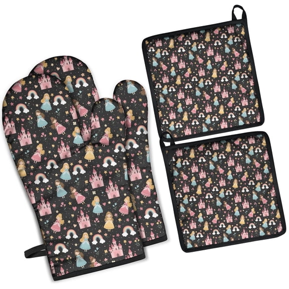 Star Princess Castle Pattern Kitchen Oven Mitt and Pot Holder Sets 2 Pcs for Baking, Cooking and Grilling, Heat Resistant Up To 392 °F