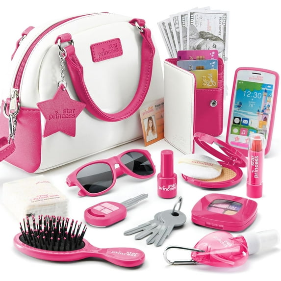 Star Princess Pink Play Purse with Accessories for Little Girl Christmas Gifts Toddler Pretend Play with Pretend Makeup, Wallet, Toy Phone for Girls Role Play Ages 3 4 5 6 7 8 9 10 11 12