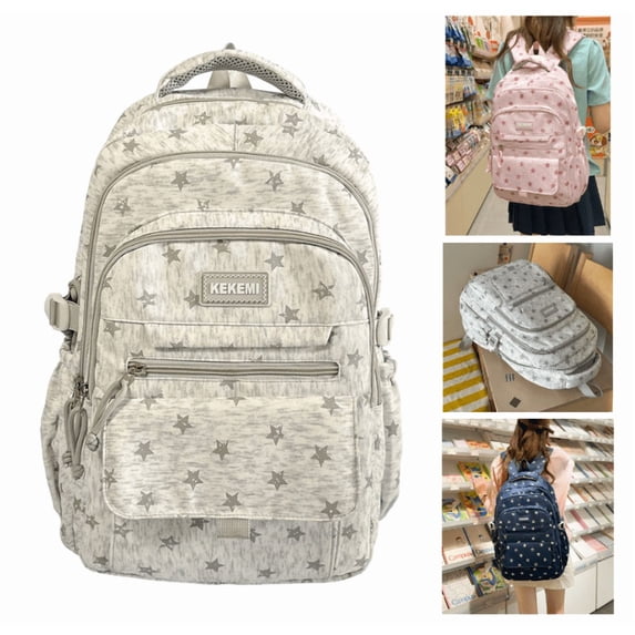 Star Print Backpack, Water Resistant Lightweight Bookbag for Teen, Multi Pocket Casual Daypack, Fashion Backpack for Middle High Travel - (Light Gray)