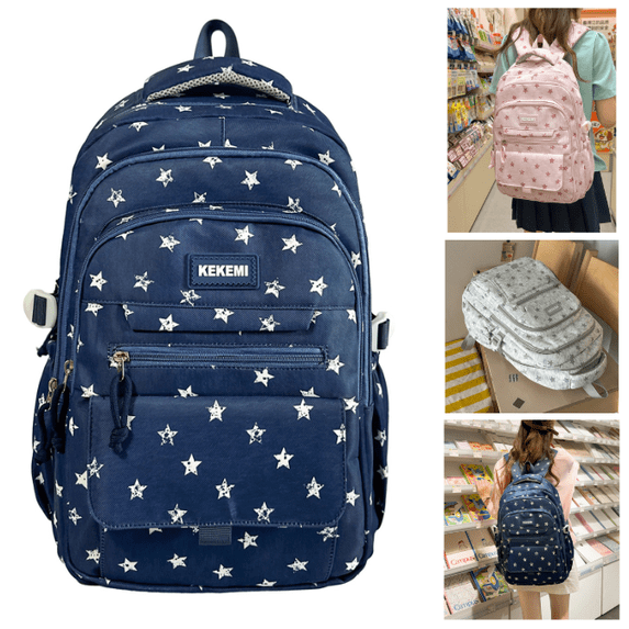 Star Print Backpack, Water Resistant Lightweight Bookbag for Teen, Multi Pocket Casual Daypack, Fashion Backpack for Middle High Travel - (Blue)