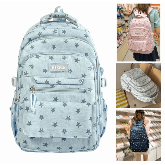 Star Print Backpack, Water Resistant Lightweight Bookbag for Teen, Multi Pocket Casual Daypack, Fashion Backpack for Middle High Travel - (Sky Blue)