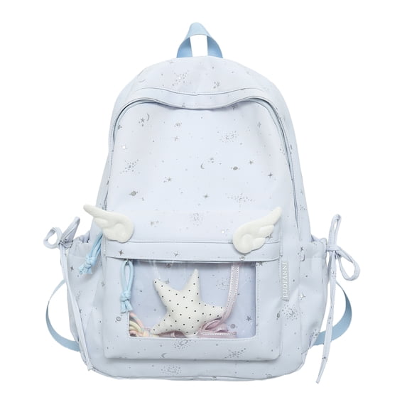 Star Print Backpack with Side Bow, Cute Aesthetic Daypack with Transparent Front Pocket, Spacious Laptop Backpack for Outdoor Travel (Pink)