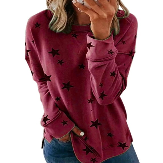 Star Print Basic Sweatshirt for Plus Size Women Round Neck Long Sleeve Top Ladies Casual Fashion Holiday Tee Shirts Blouse Pullover S-5XL