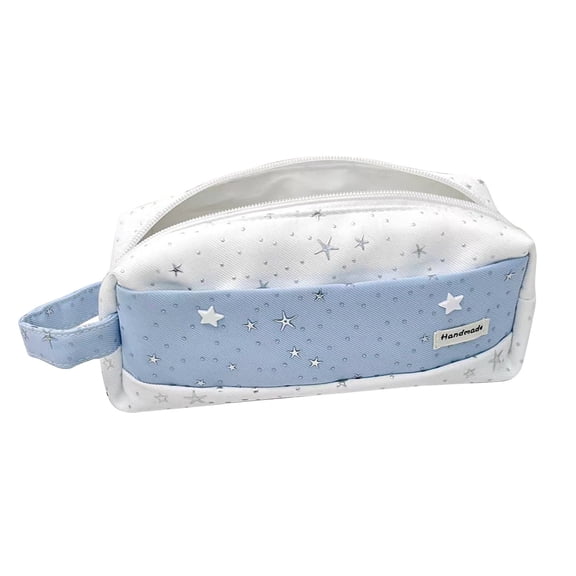 Star Print Canvas Pencil Pouch, 9.2x4.9x2.3 Inch Zipper Stationery Bag with Side Handle, 1 Pack