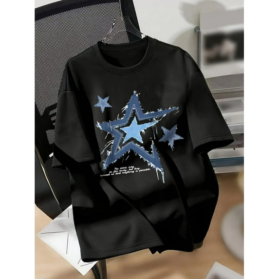 Star Print Drop Shoulder T-Shirt - Short Sleeve, Crew Neck, Casual, Spring & Summer Essential, Women's Clothing for Relaxed Fit, Casual Sporty Tee, Summer Gifts