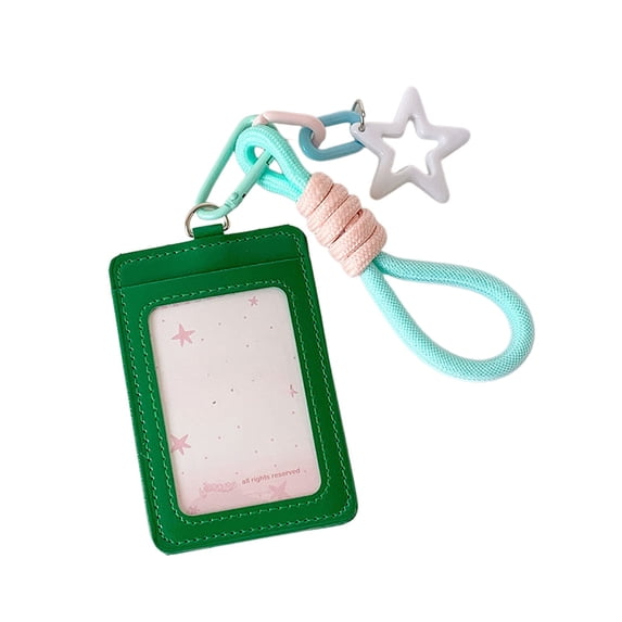 Star-Print Leather Card Holder, Double-Slot ID Badge Case with Woven Strap, Cute 3-Inch Photo Card Protector for Office, Commute, and Travel Use