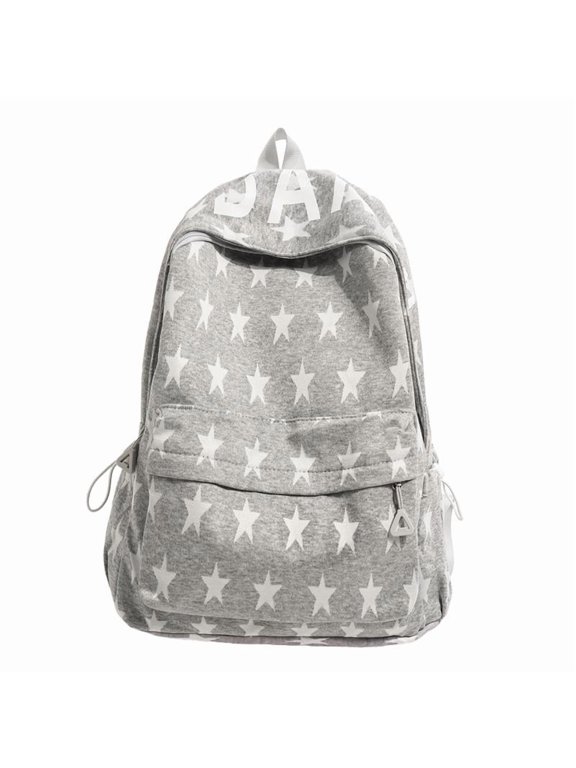 Star Print Pure Cotton Canvas Backpack, Multi-Pocket Unisex Casual Rucksack for Outdoor Trip Commute Daily Use (Black)