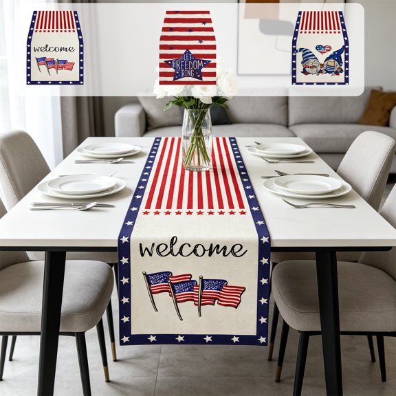 Star Printed Linen Table Runner Designed for National Independence Anniversary, Soft Natural Woven Texture, Table Decor for Living Room Tea Table, Kitchen Counter and Patriotic Festive Layout, J