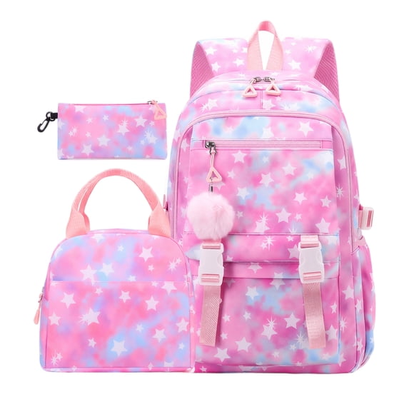 Star Prints Backpack With Lunch Pack & Pencil Case, Multi‑Compartment School Bag, Spacious Anti‑Theft Back To School Backpack For Daily Study & Outings (Pink)