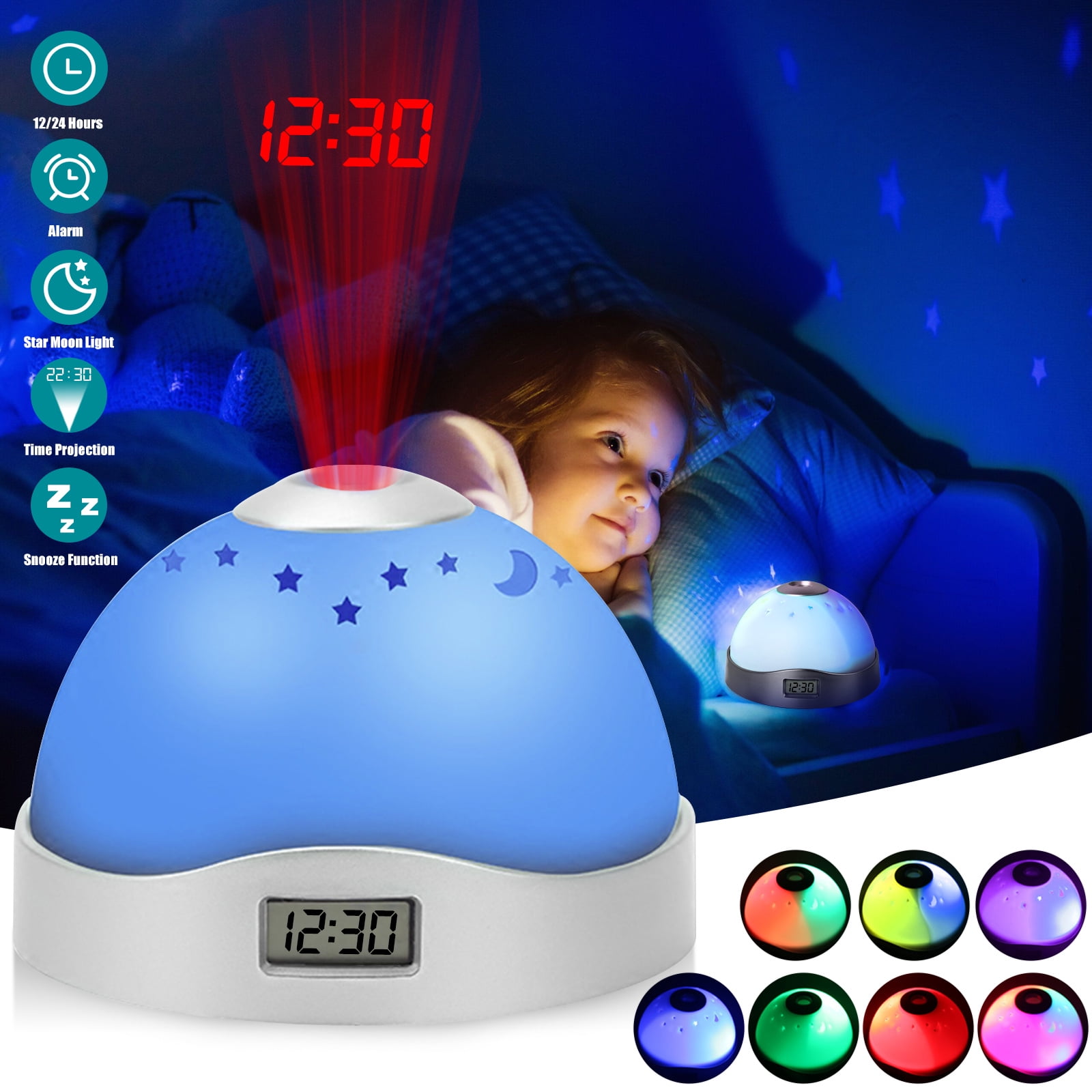 Star Projection Alarm Clock, EEEkit 4 in 1 LED Galaxy Moon Projector for Kids, Table Lamp with