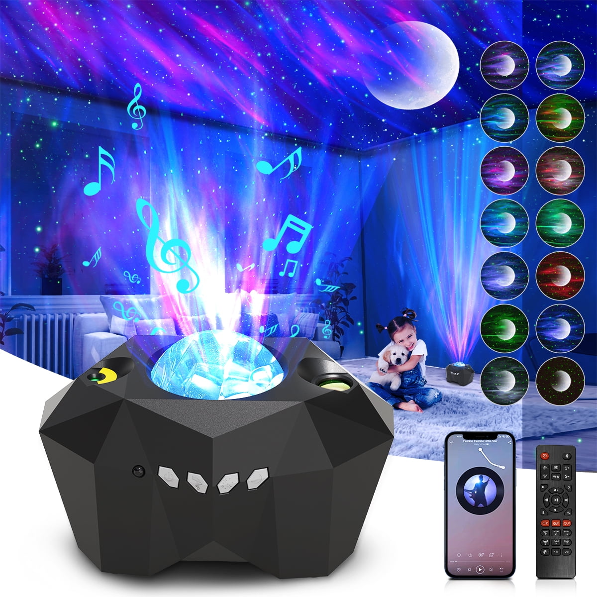 Star Projector, in LED Galaxy Moon Projector 55 Lighting Effects Night  Light Aurora Projector Star Light w/ Bluetooth Music Speaker  Remote  Control  Timer for Kids Baby Bedroom Party