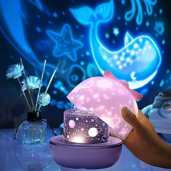 Star Projector Night Light with Rotating Slides, Interchangeable Sky and Underwater Scenes, USB Powered Kids Bedroom Decor for Birthday Romantic Gift