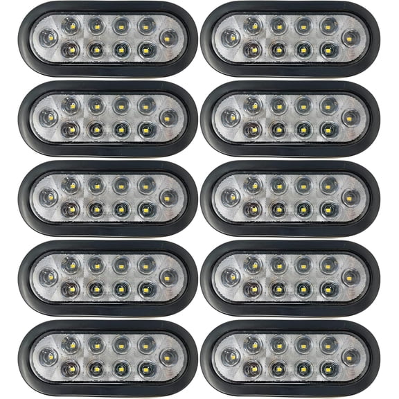 All Star Red/White/Amber 6" Oval 10 LED Trailer Stop Turn Tail Light Kit DOT Certified Grommets Plugs IP67 Waterproof Mid Turn Parking Reverse Back Up Signal Headache Rack Backrack (10x White)