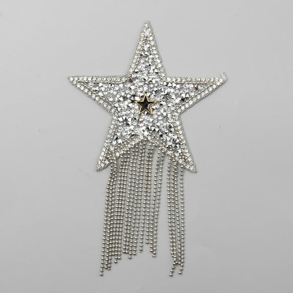 Star Resin Hotfix Rhinestone with Tassel Iron on Patches for Dress Shoes Garment Decoration Silver 135mm