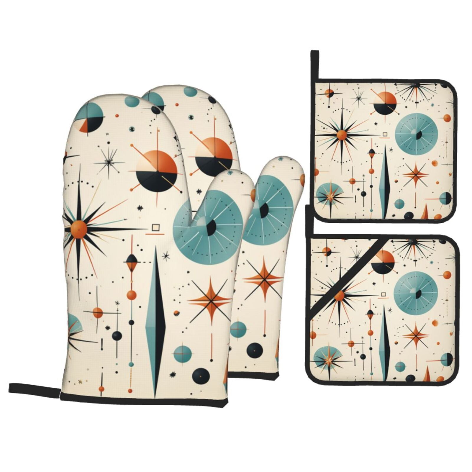 Star Retro Mid Century Vintage Atomic Art 4Pcs Oven Mitts and Pot Holders Sets Oven Kitchen Gloves Hot Pads for Cooking BBQ Baking Grilling