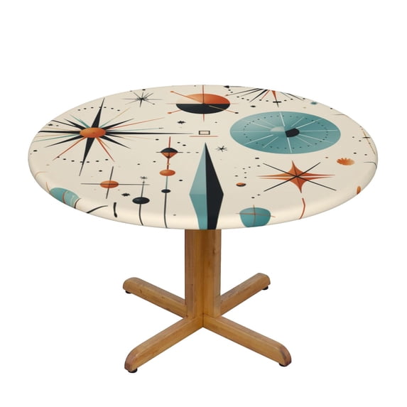 Star Retro Mid Century Vintage Atomic Art Round Fitted Tablecloth Elastic Edged Table Cloth Waterproof Table Cover 54in