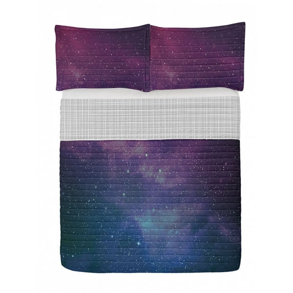 Star Reversible Bedspread Set, Universe Filled Stars Nebula and Galaxy Cassiopeia Interstellar Astronomy, Pillow Shams & Comforter Microfiber Bedding Set, 3 Sizes, Magenta Blue Black, by Ambesonne