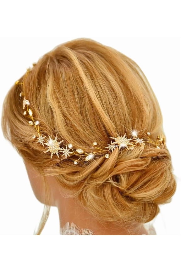 Star Rhinestone Bride Wedding Hair Vine Gold Bridal Hair Piece Crystal Hair Accessories for Women and Girls (21 Inches)