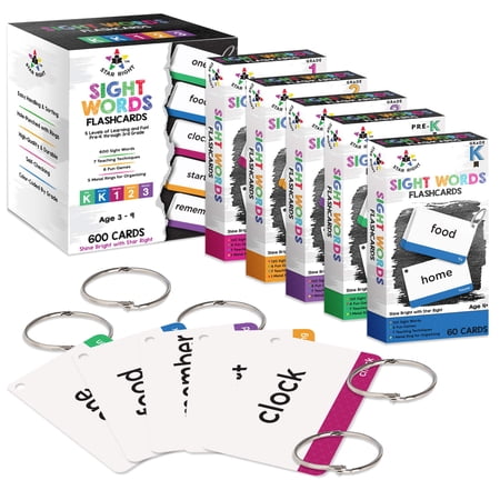 Star Right 600 Sight Word Flash Cards & Flashcard Games Set - 300 Hole Punched Flash Cards - 30 Fun Flashcard Games - 5 Binder Rings - for Ages 3 & Up - Pre-K, Kindergarten, 1st, 2nd, & 3rd Grade