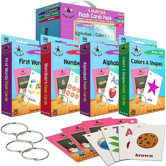 Star Right Flash Cards, Set of 4 - Numbers, Alphabets, First Words, Colors & Shapes - Value Pack Flash Cards with Rings for Pre K - K