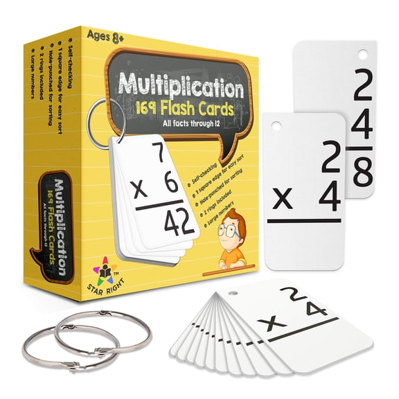 Star Right Multiplication Flash Cards - 169 Hole-Punched Math Study Multiplication Cards with 2 Binder Rings - Times Tables Practice Set for Kids Ages 8 and Up at Home or School