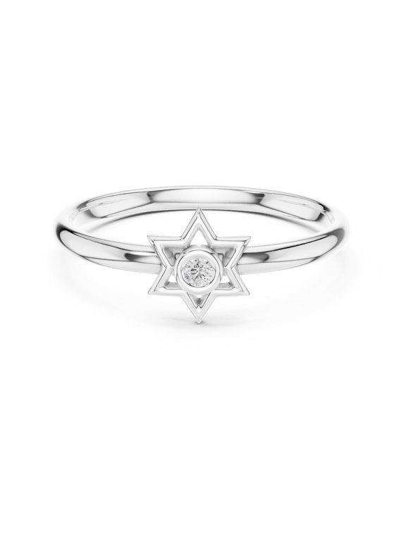 Star Ring, Delicate Round Diamond Bezel Set Ring, Celestial Ring, Wedding Proposal Ring, 14K White Gold Plated, 1.5 Ct Simulated Diamond