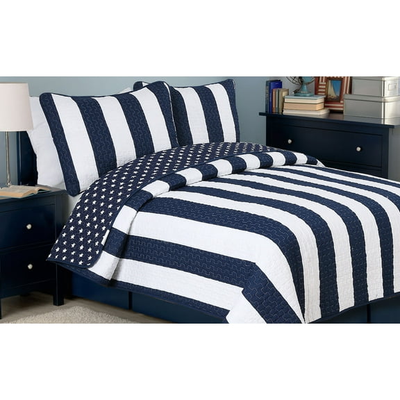 Star River 100% Hypoallergenic cotton 3 piece Blue strip Quilt Set Bedroom Quilt Bedding Full/Queen Size Blue White
