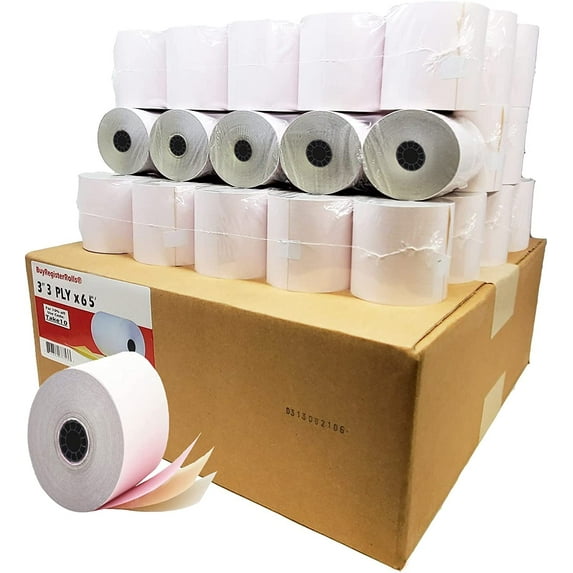 Star SP700 Kitchen Printer Paper (50 Rolls - 50 GSM) 3-ply 3" inch 65' Feet White/Canary/Pink Carbonless Paper for TMU 220 BuyRegisterRolls (3-ply 3" inch 65' Feet)