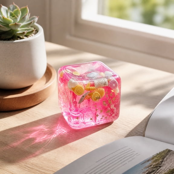Star Sensory Squeeze Toys, Squeeze Cube Squeeze, Sensory Squeeze Toys, Glitter Squeeze, 1Pc 2X2X2 Inch Pink Transparent Cube with Embedded Ocean Seashells, Soft Malleable Squeeze